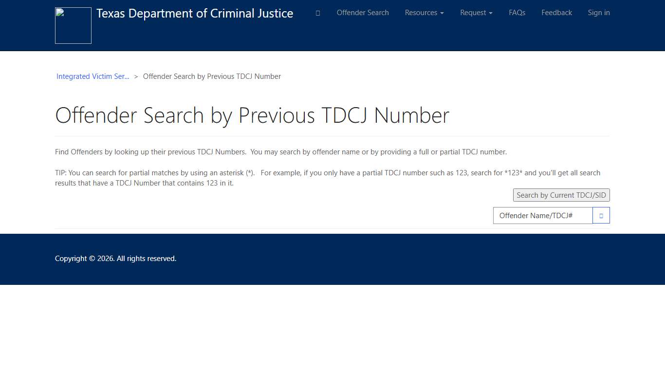 Offender Search by Previous TDCJ Number · Customer Self-Service